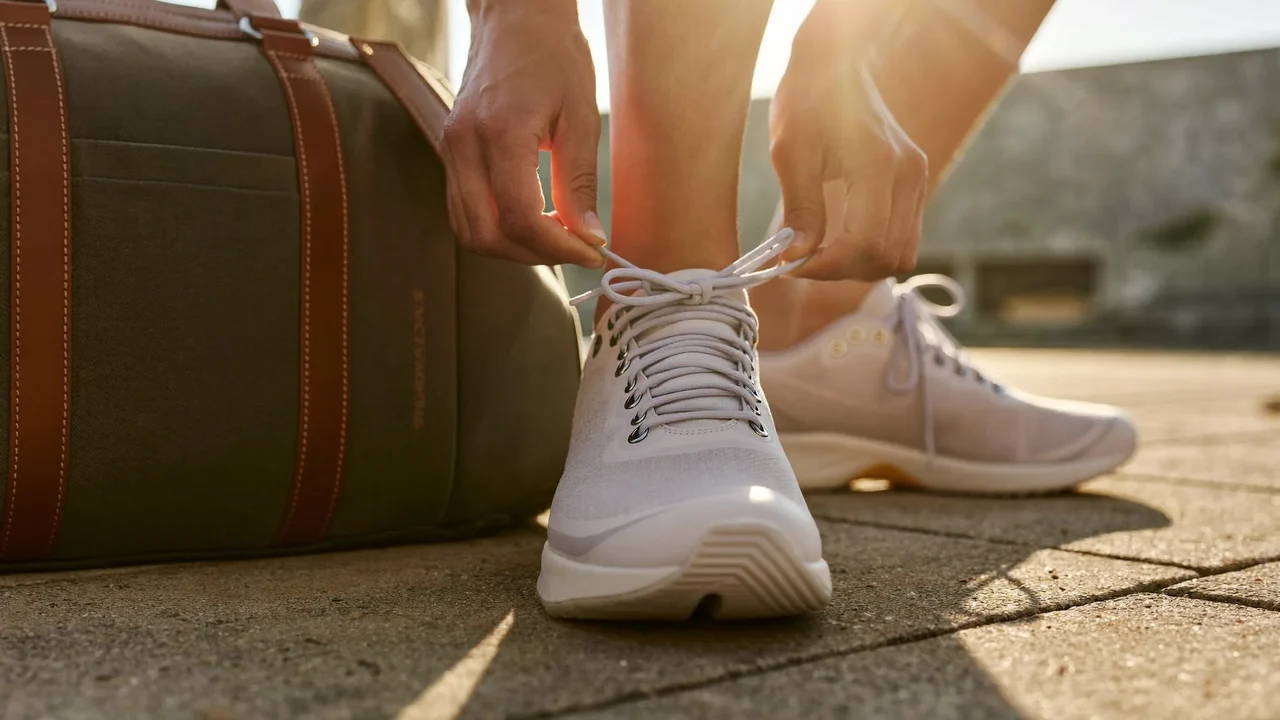 Mani che allacciano scarpe da allenamento semplici accanto a una borsa sportiva